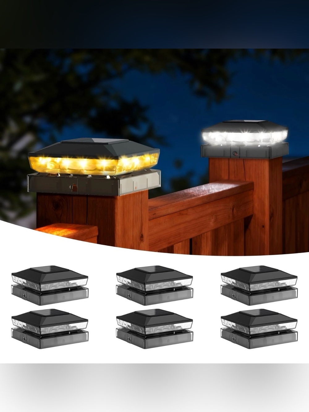 Set of 6  Black Solar Post Cap Lights Outdoor Waterproof Deck Fence